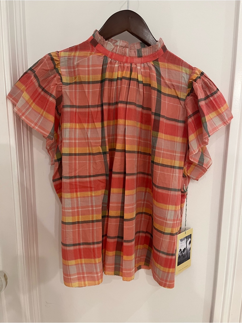 Trovata Birds of Paradis Plaid Ruffle-Sleeve Blouse w/ Keyhole Back